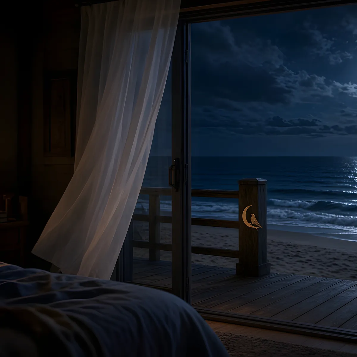 Quiet night ocean artwork for Ocean Waves at Night — soft waves under a dark sky