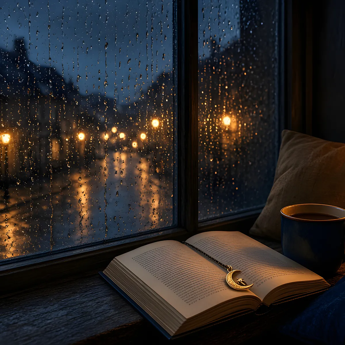Rain on glass artwork for Rain on a Window — warm interior light against a wet pane