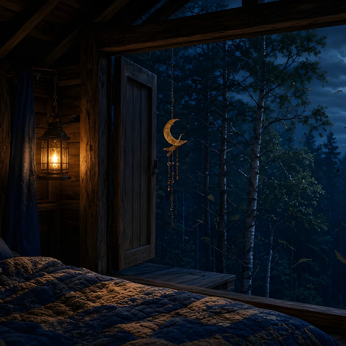 Night forest canopy artwork for Wind Through the Trees — soft breeze and whispering leaves
