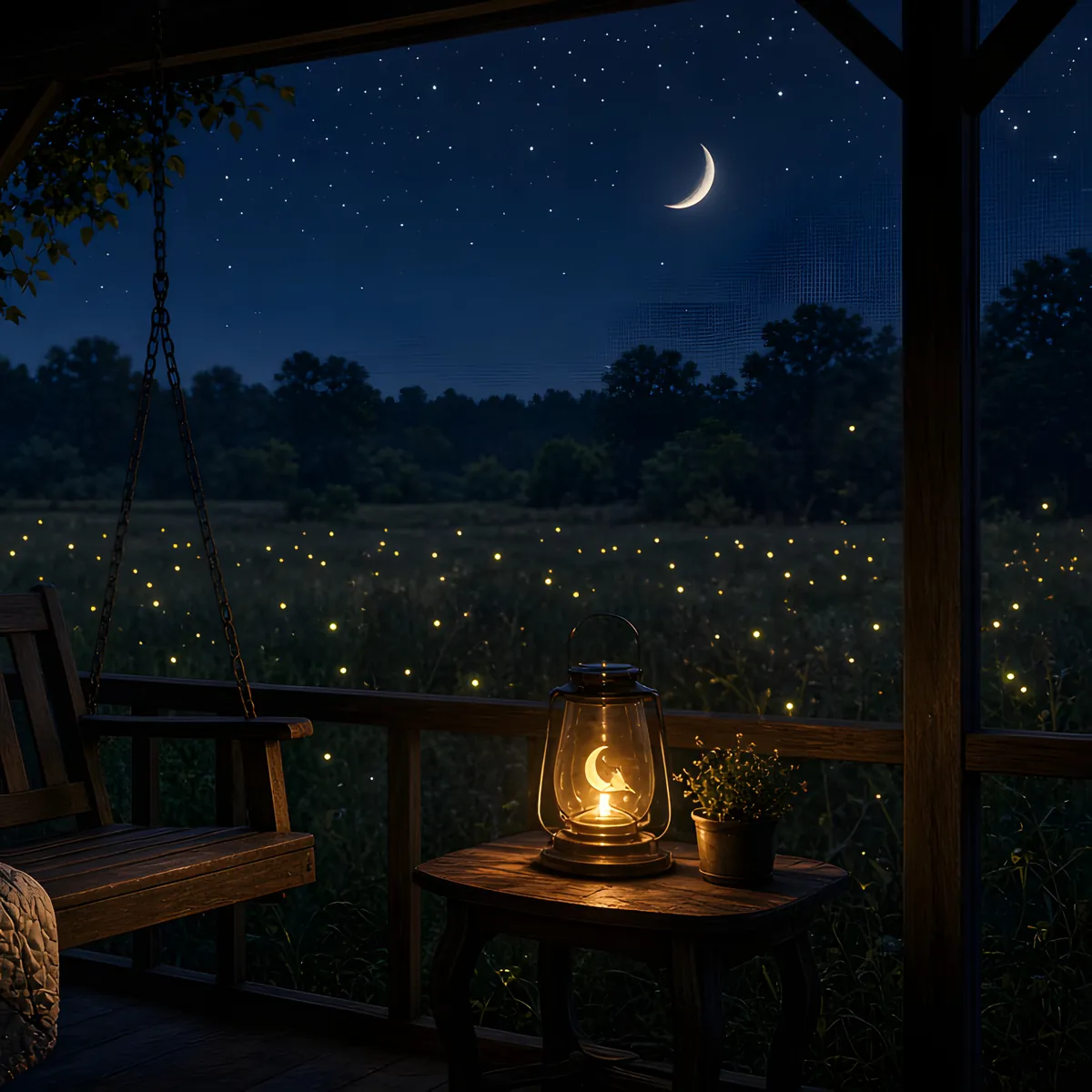 Warm summer night artwork for Crickets on a Summer Night — soft moonlight and quiet meadow tones