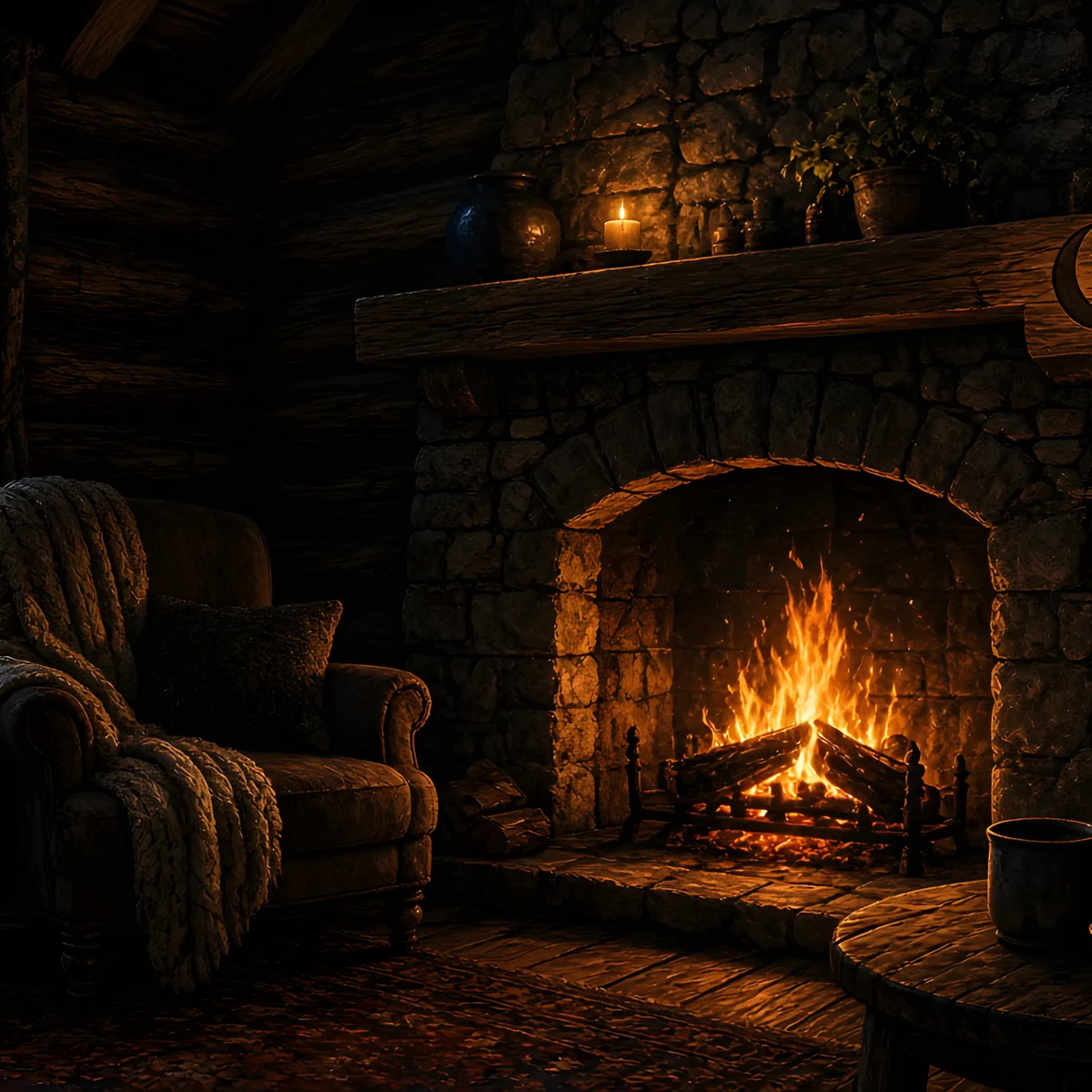 Log cabin hearth artwork for Cozy Cabin Fireplace — a crackling fire, a blanket-draped armchair and a moonlit window