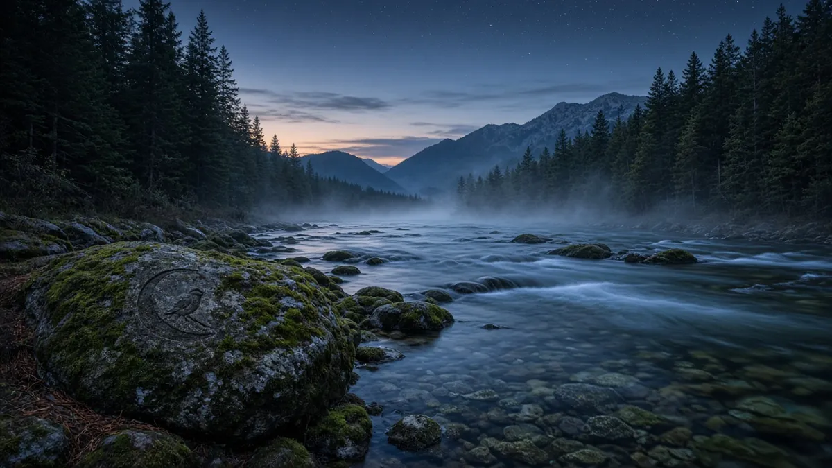 Misty mountain river artwork for Gentle Mountain River — clear water over mossy stones beneath pine-covered peaks