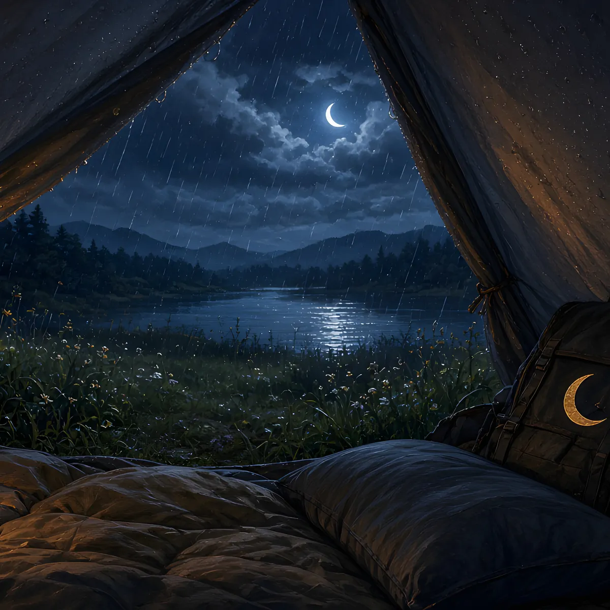 Inside-the-tent artwork for Rain on a Tent — lantern glow and a moonlit lake beyond the open flaps