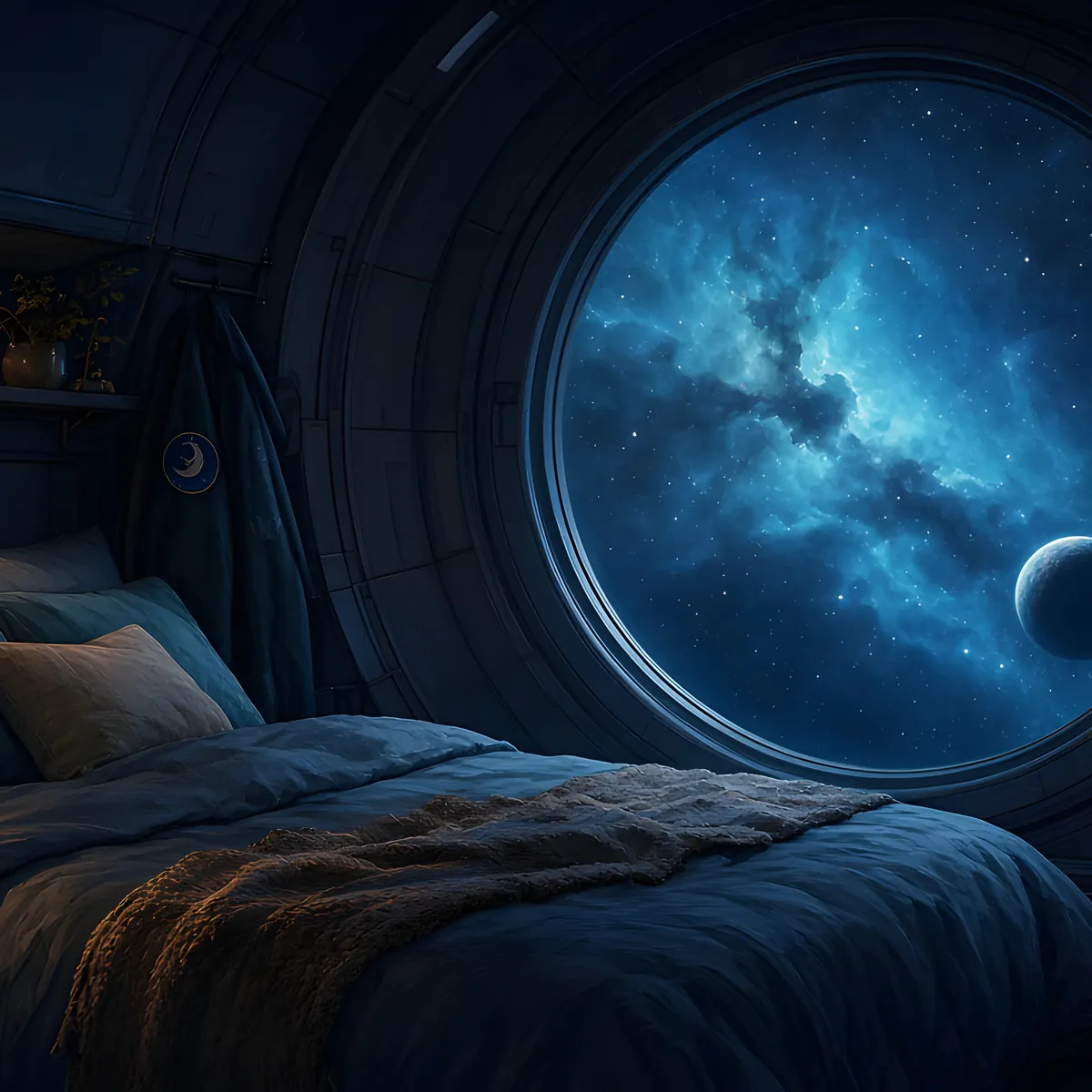 Quiet spaceship cabin artwork for Spaceship Bedroom + Deep Hum — warm low engine glow in deep space