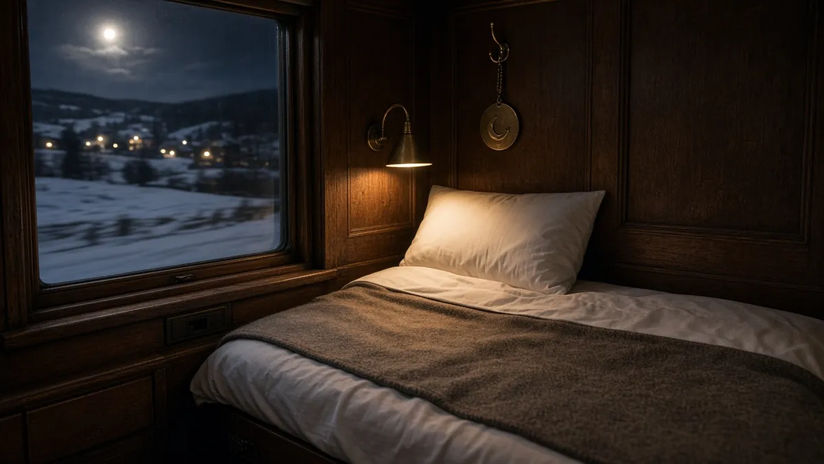 Sleeper-berth artwork for Overnight Train Cabin — a made-up bunk by a window onto moonlit snowy hills