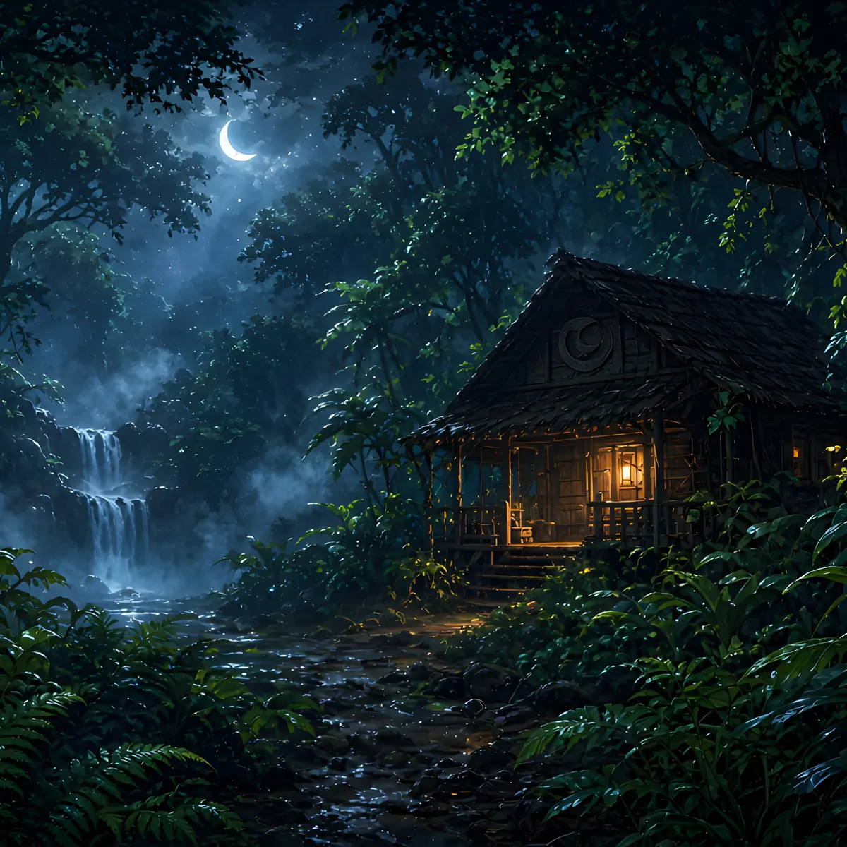 Moonlit rainforest artwork for Tropical Rainforest at Night — a lamplit cabin among dense leaves and a distant waterfall