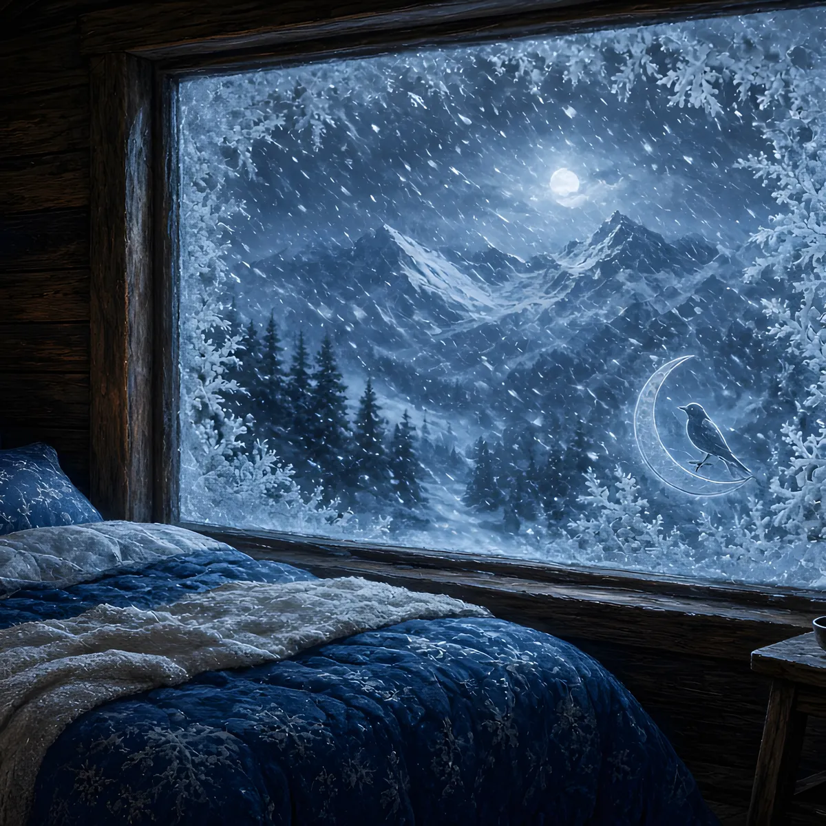 Frosted-window artwork for Howling Winter Wind — a cozy bed beside icy glass and moonlit snowy mountains