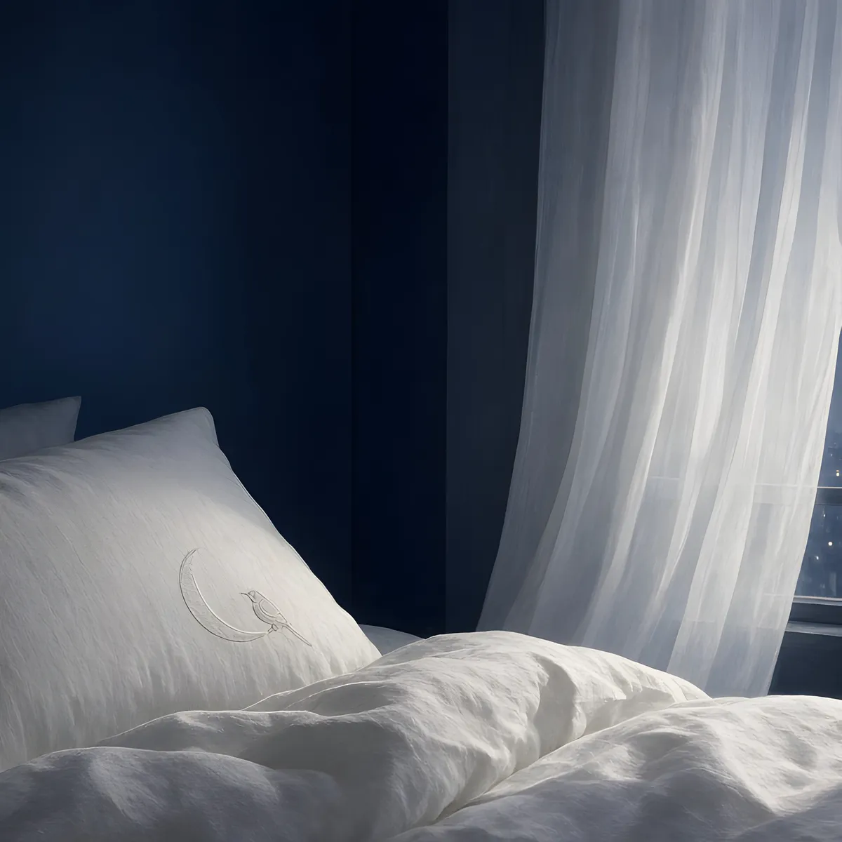 Soft bedroom artwork for Gentle White Noise — white bedding and sheer curtains in quiet moonlight
