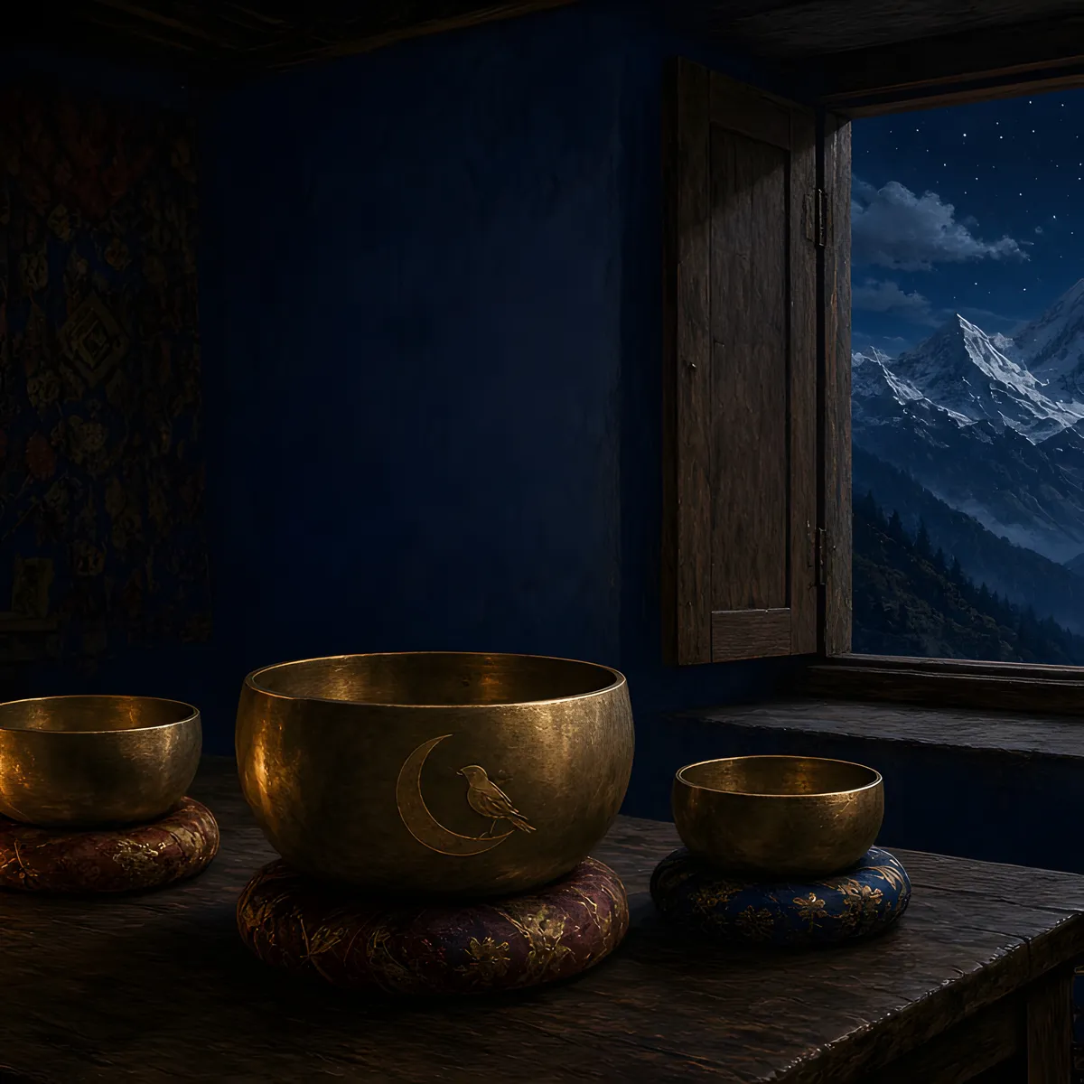 Candlelit artwork for Tibetan Singing Bowls — brass bowls by a window onto moonlit mountains