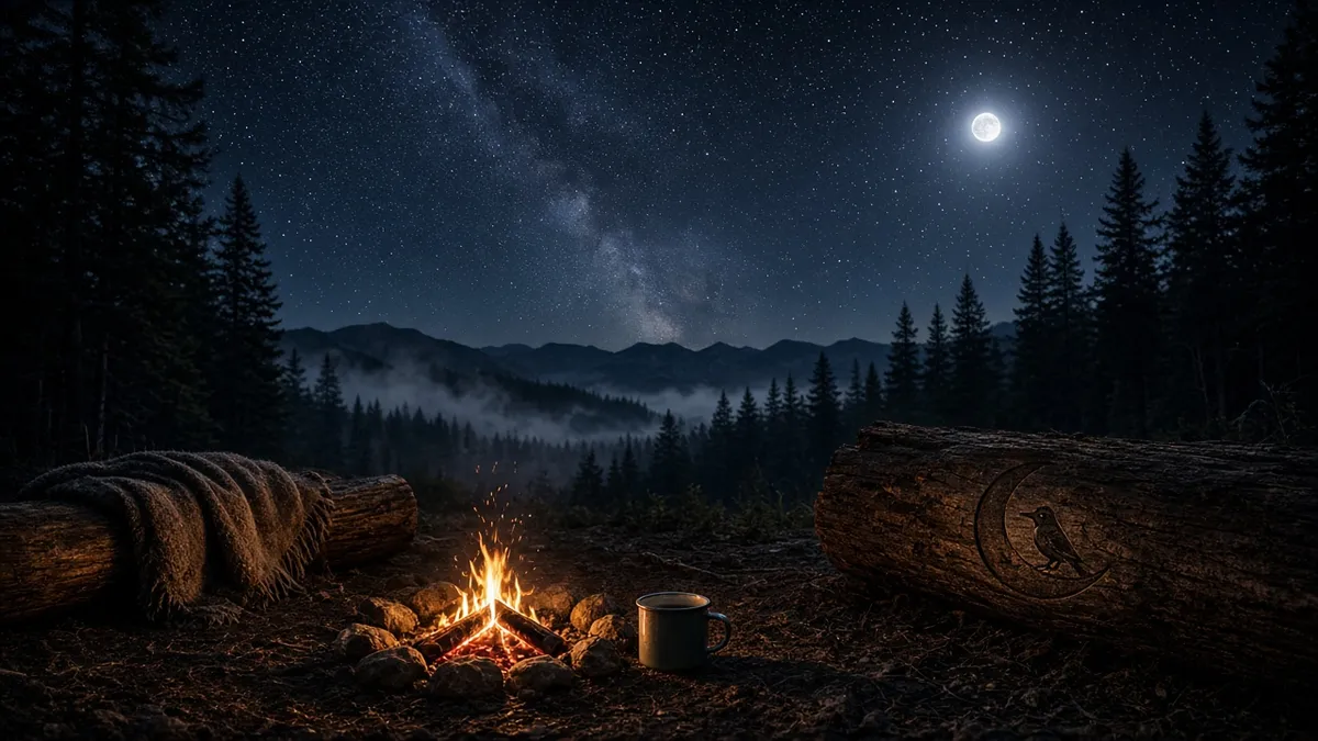 Starry wilderness artwork for Campfire Under the Stars — a small campfire beneath the Milky Way and pines