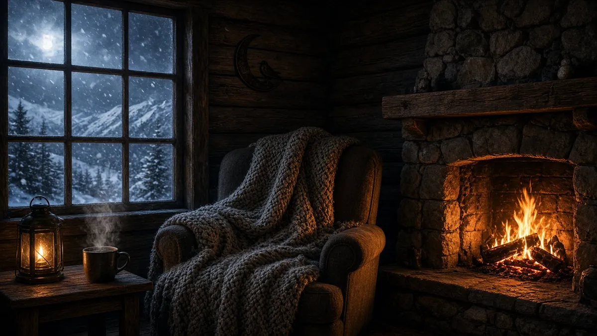Snowbound cabin artwork for Mountain Cabin Blizzard — a blanket-draped armchair by the fire as snow swirls outside