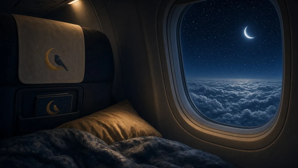 Darkened airplane cabin artwork for Airplane Cabin at Night — a window seat above moonlit clouds