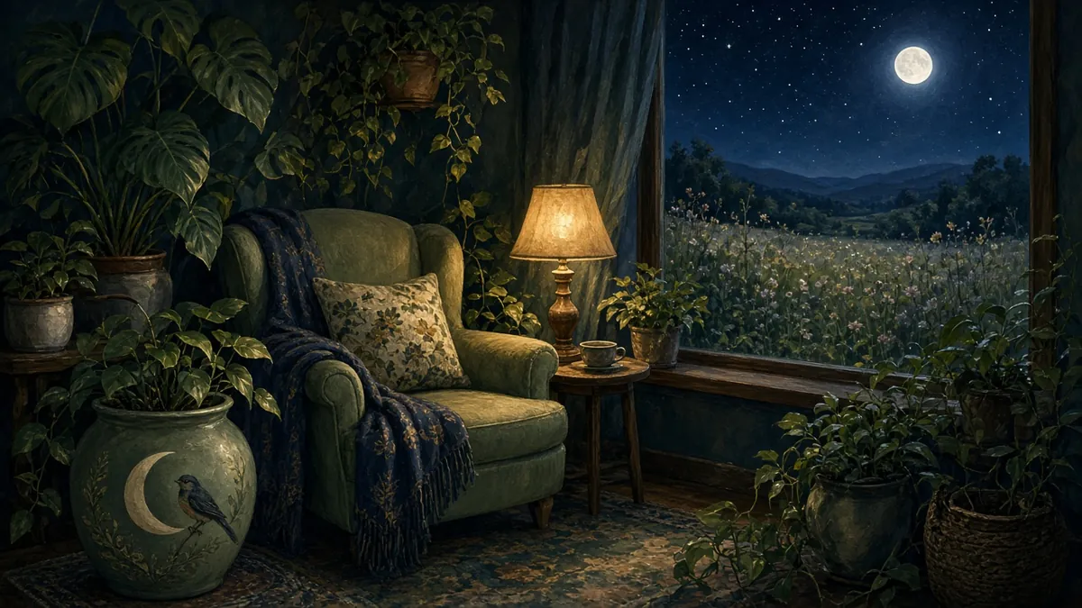 Leafy reading nook artwork for Calm Green Noise — a green armchair, houseplants and a moonlit meadow outside