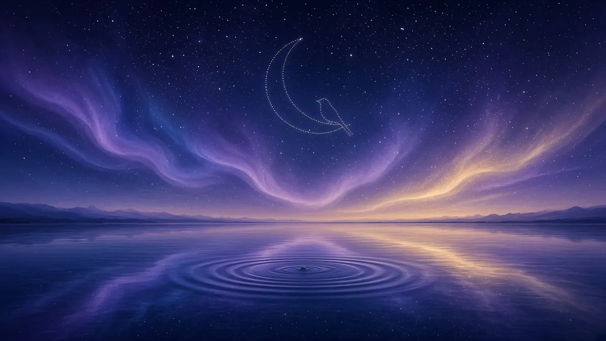 Violet aurora artwork for Delta Wave Drone — soft ribbons of light mirrored on a still lake