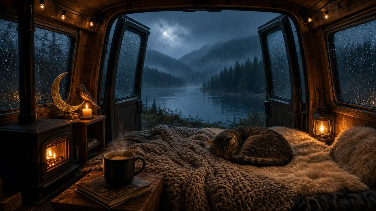 Camper van artwork for Camper Van in Heavy Rain by the Lake — a sleeping cat on a fur bed, a small stove and a misty lake beyond the open doors