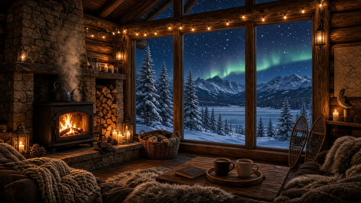 Snowy cabin artwork for Wood Stove in a Snowy Cabin — a glowing stove and northern lights over the peaks