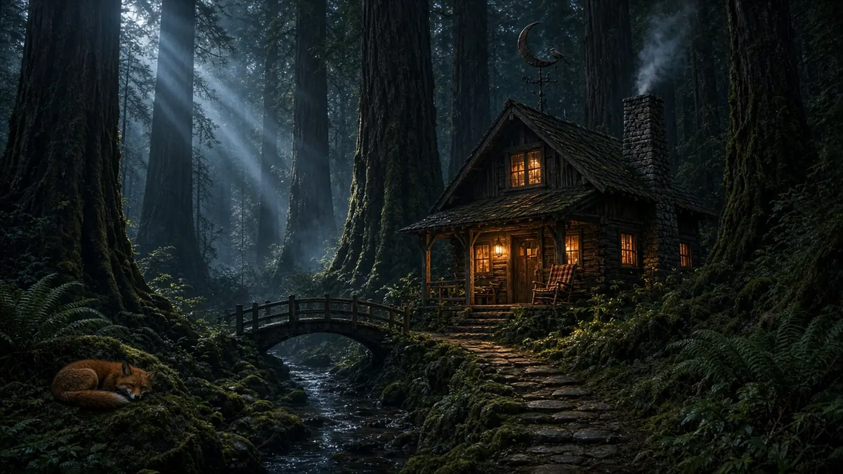 Old-growth forest artwork for Deep Forest Ambience — a lamplit cabin, a little bridge over a stream and a fox asleep among the ferns