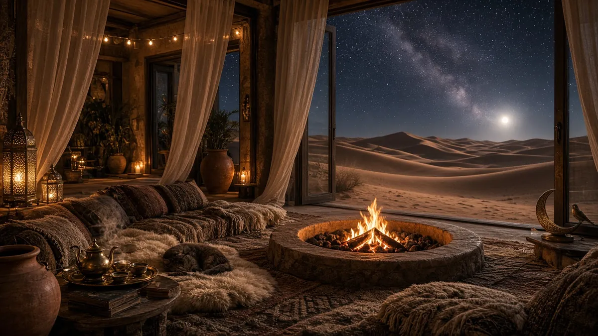 Desert lounge artwork for Desert Night Wind — a fire pit, soft cushions and moonlit dunes beyond the curtains