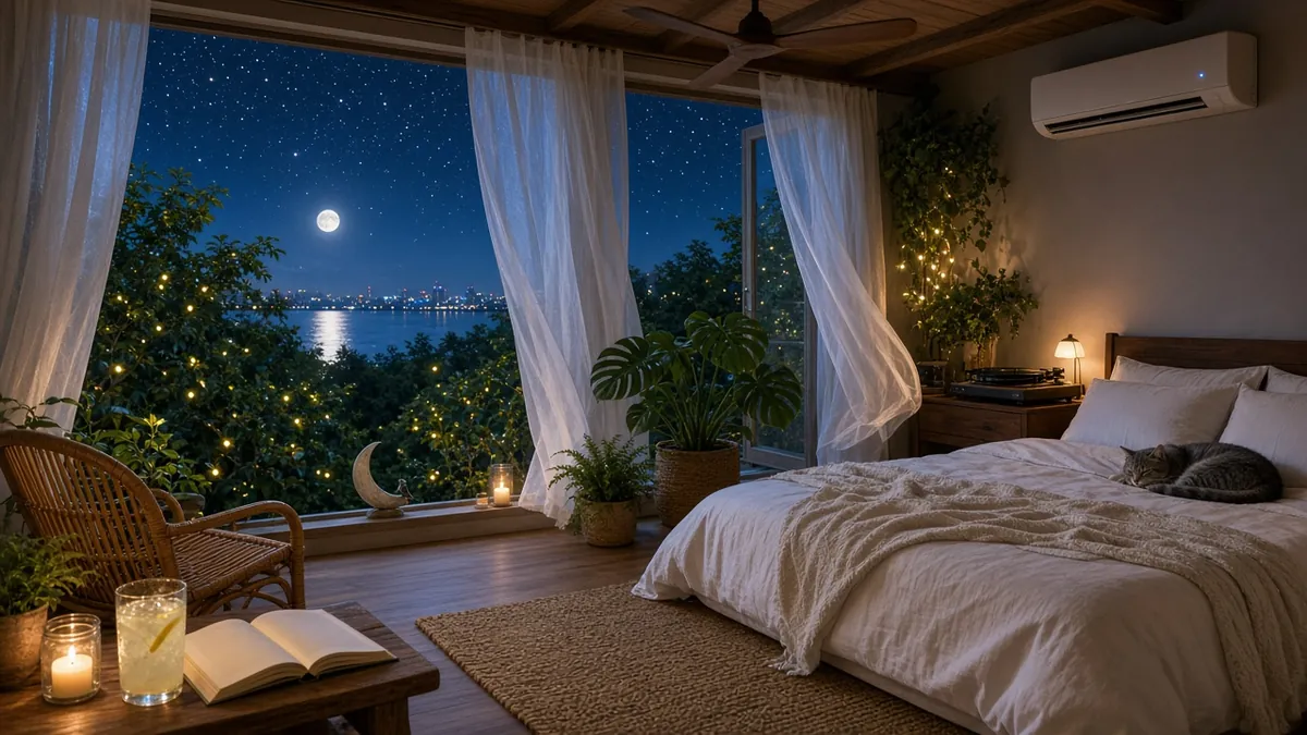 Cool summer bedroom artwork for Air Conditioner Hum — a wall air conditioner above a white bed and a moonlit night outside