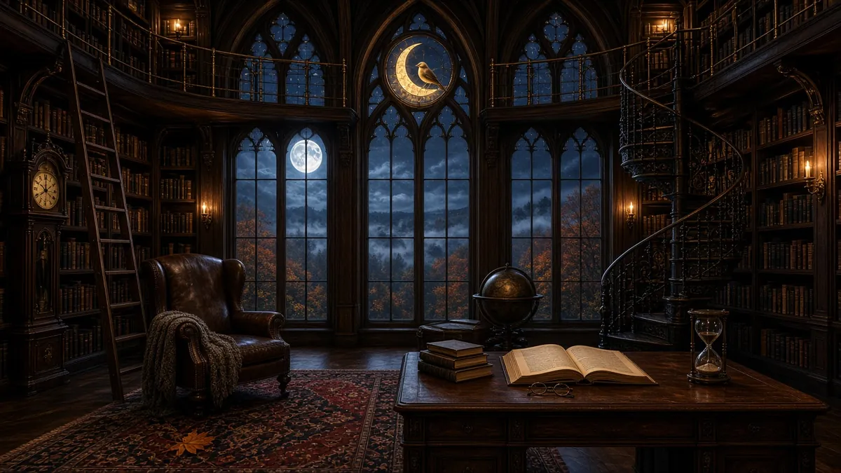 Candlelit library artwork for Deep Brown Noise, Darker Mix — tall arched windows, a full moon and an open book on the desk