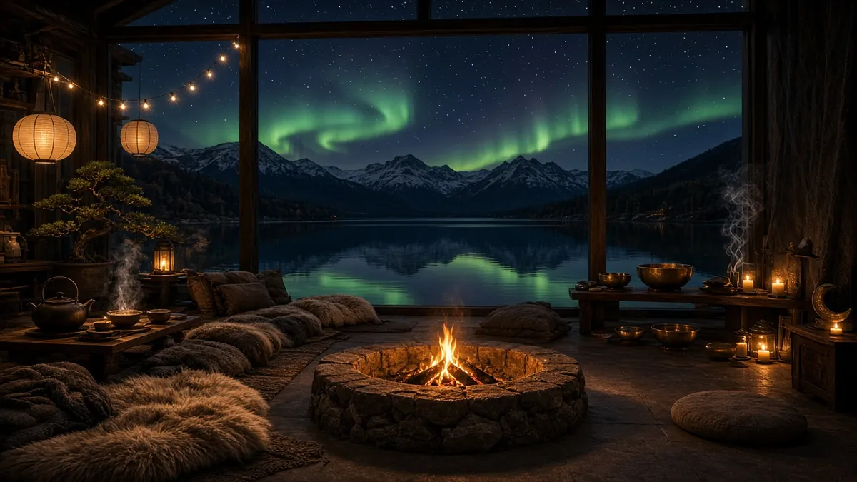 Lantern-lit lounge artwork for Theta Wave Ambient — a glowing fire pit and green aurora over a mountain lake