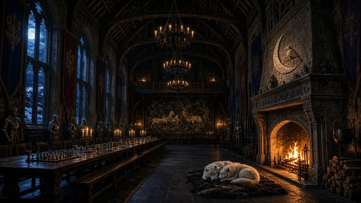 Castle great hall at midnight for Castle Hearth at Midnight — a fire burning in a stone hearth carved with a crescent moon and nightingale, two white wolves asleep on a fur rug, candlelit tables and moonlit windows