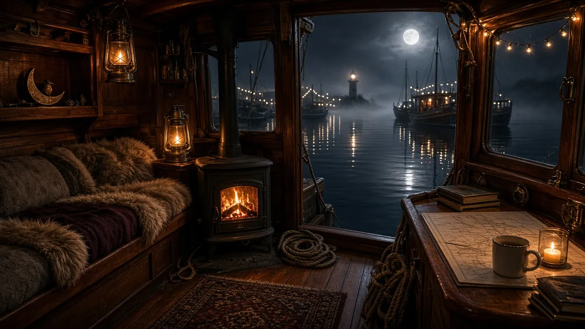 Harbor cabin artwork for Harbor at Night — a wood stove, cushioned bench and moored boats under the moon