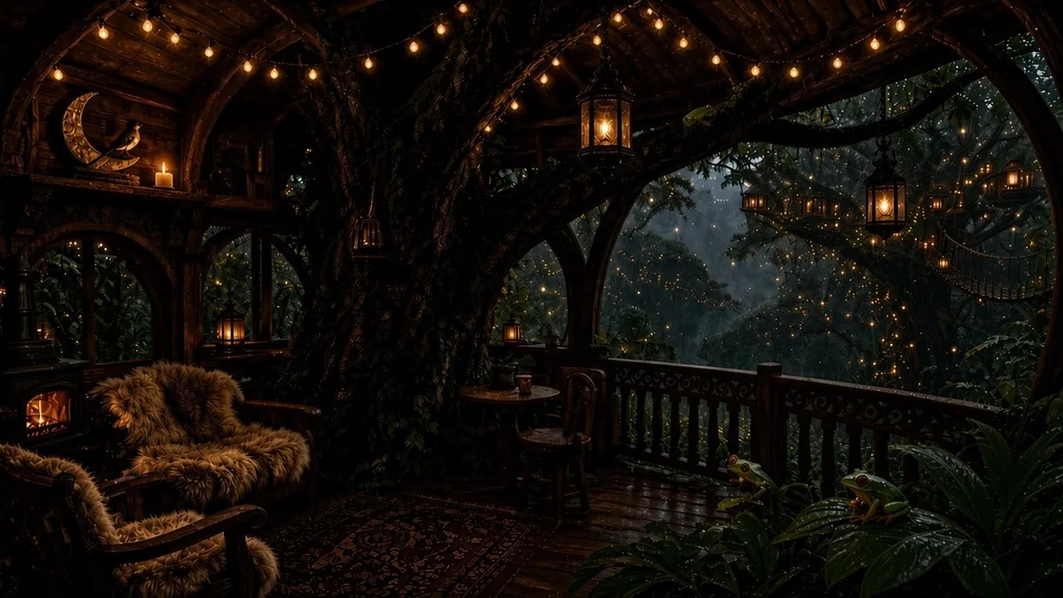 Treehouse artwork for Tree Frogs & Gentle Rain — lantern-lit fur chairs and a balcony over a rainy night forest