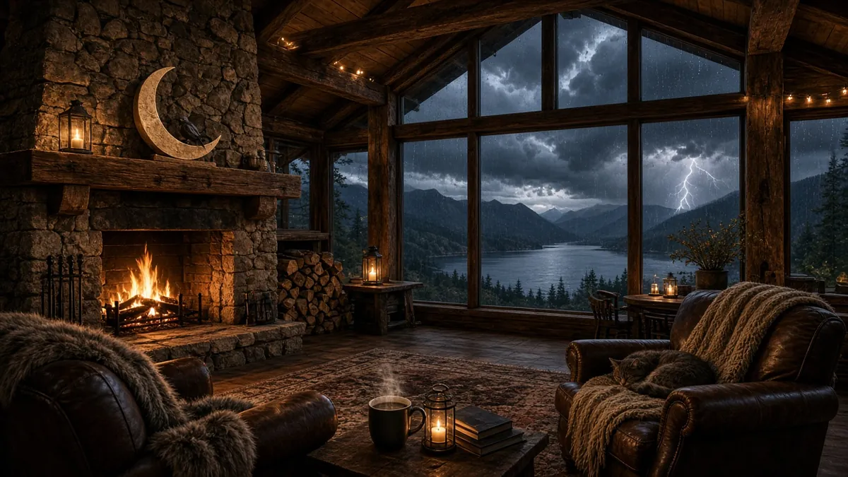 Stone fireplace cabin artwork for Distant Rolling Thunder — lightning over far mountains beyond tall windows