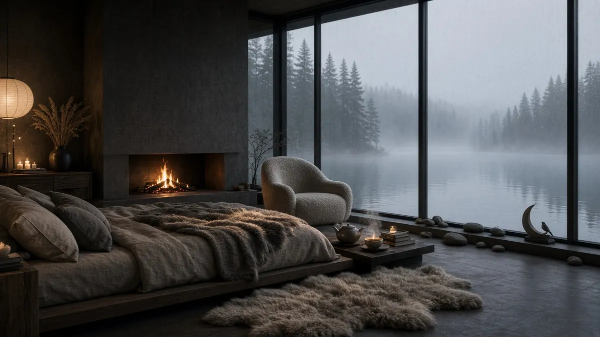 Misty lakeside bedroom artwork for Grey Noise — a soft bed, a low fire and grey fog over the pines