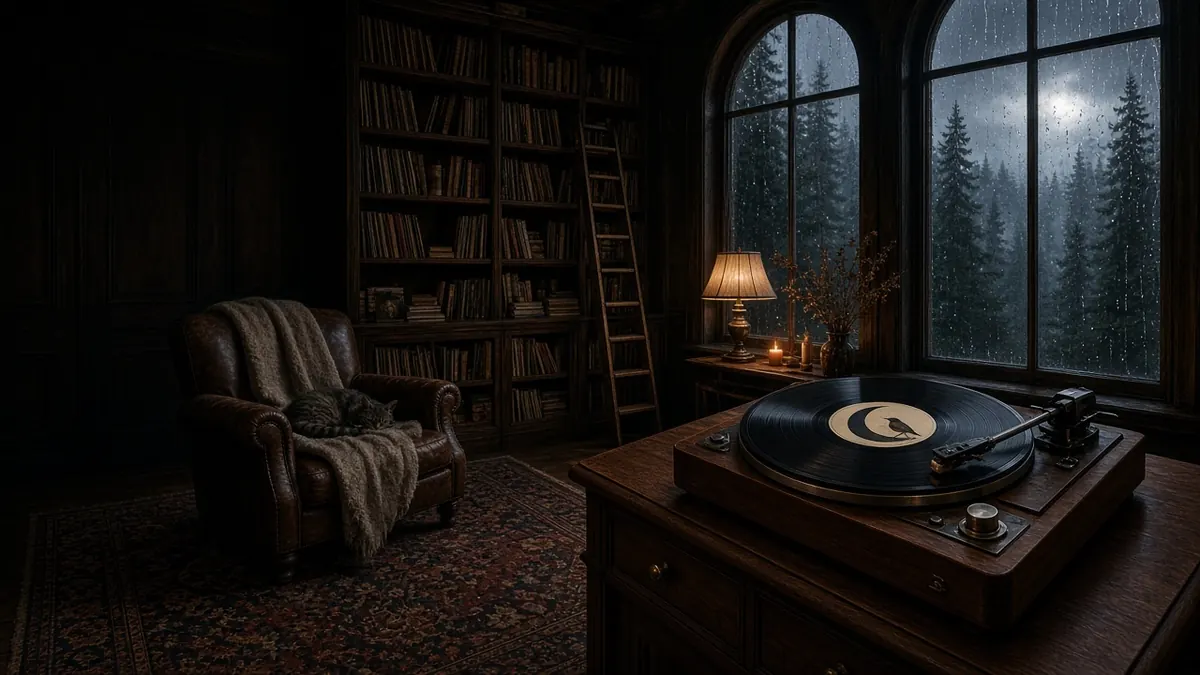 Late-night library artwork for Vinyl Crackle, No Music — a turntable by a lamp, a blanket-draped armchair and rain on tall windows