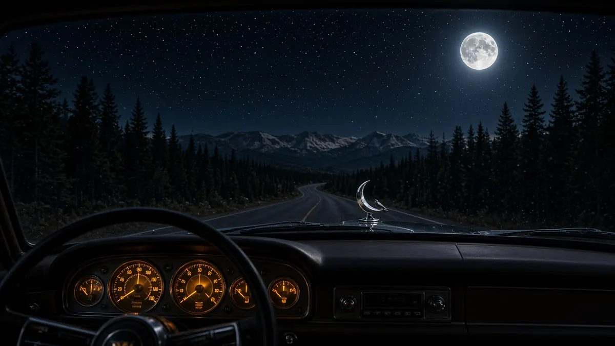 Night drive artwork for Night Drive — glowing dashboard dials, an empty road through dark pines and a full moon over the mountains