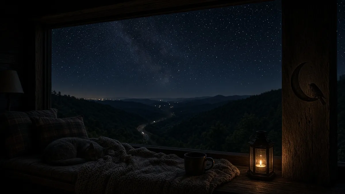 Window seat artwork for Distant Highway — a sleeping cat and a lantern beside a starry valley with a faint highway glow