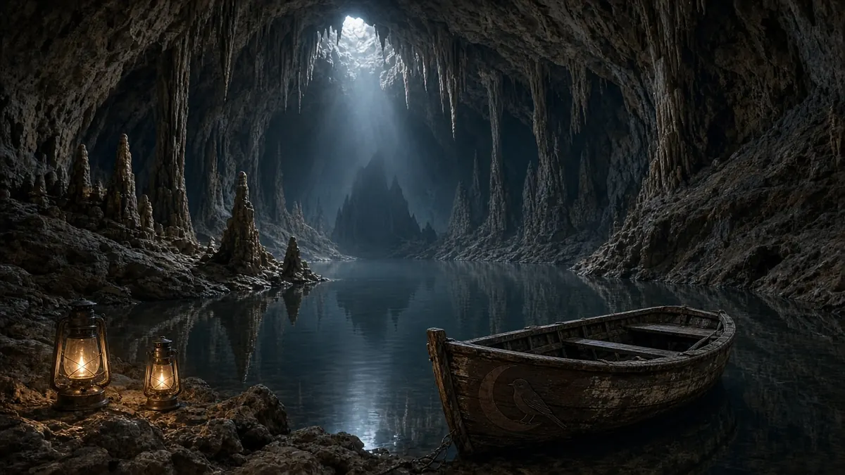 Underground cave artwork for Deep Cave Stillness — a still lake under a shaft of pale light, two glowing lanterns and a wooden rowboat at the water’s edge