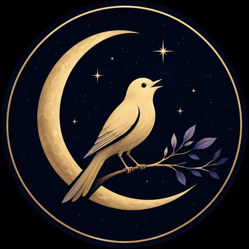 Luningale emblem: a golden nightingale perched before a crescent moon